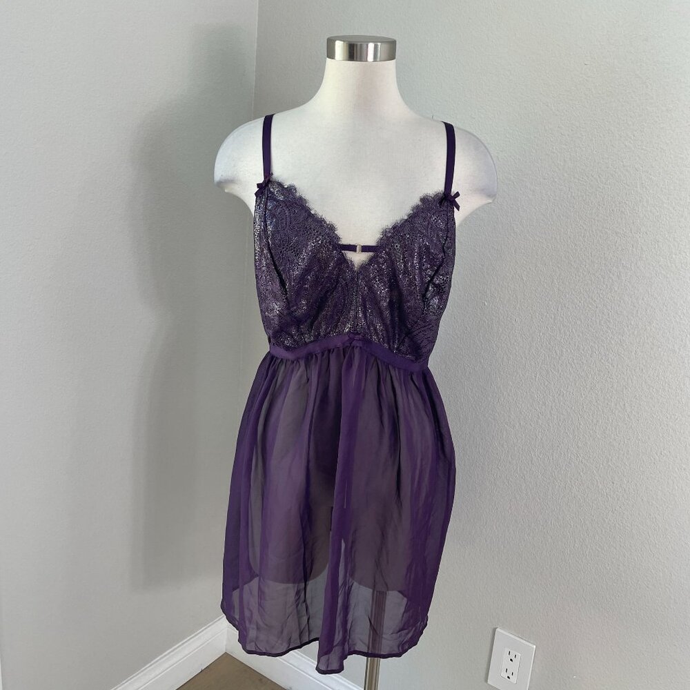 NEW Cacique Womens Plus 22/24 Purple Metallic Sheer Lace Babydoll Lingerie Set - Picture 8 of 14